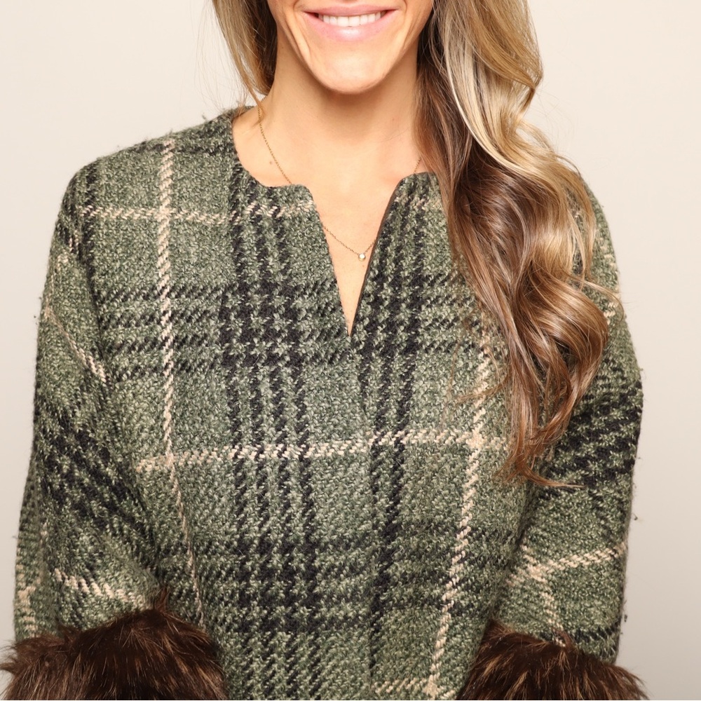 Vintage Wool Plaid Open Front Coat with Faux Fur Cuffs